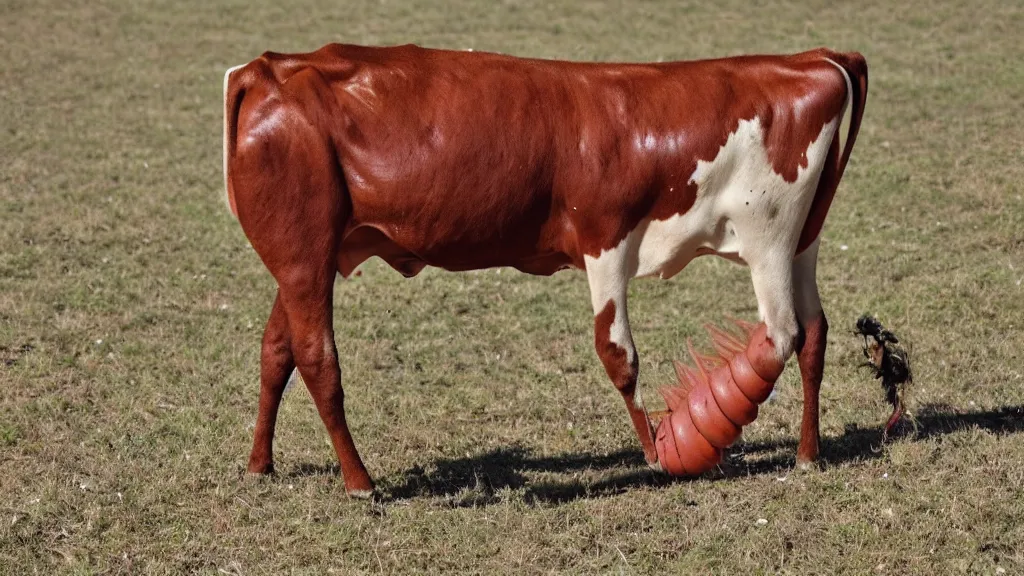 Prompt: a single cow that has legs like a centipede and is very long