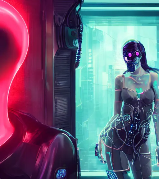 Image similar to a cyberpunk woman with a sparkling sphere in the neck, hyperrealistic, cyber world, ambient lighting, concept art, hyper - detailed, smooth, octane, ray tracing, cinematic, high quality