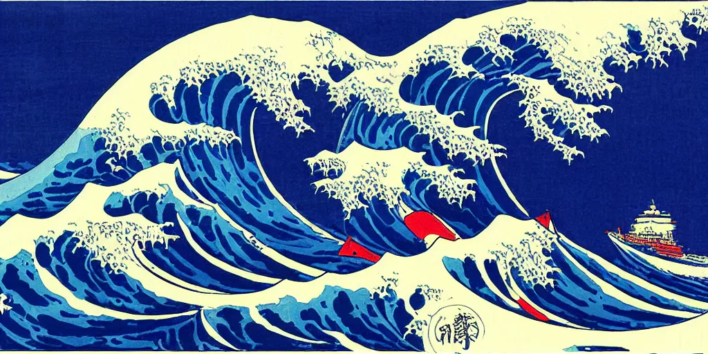 Image similar to A painting of nn aircraft carrier on the Great Wave, by Hokusai