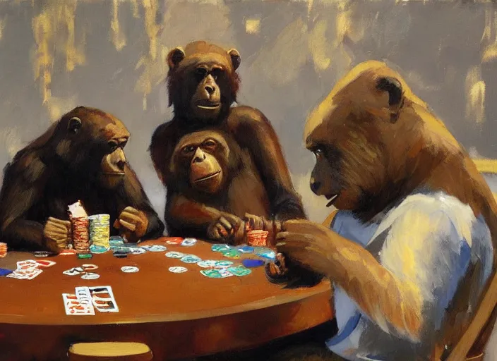 Image similar to one gorrila and one bear playing poker, highly detailed beautiful, by gregory manchess, james gurney, james jean