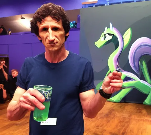 Prompt: Todd Howard drinking skooma in a My Little Pony convention