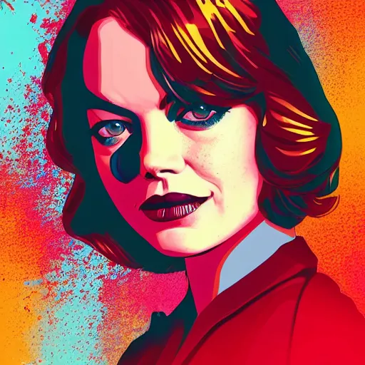 Prompt: a closeup of emma stone, in retro colors, synthwave style, 2 d digital vector art