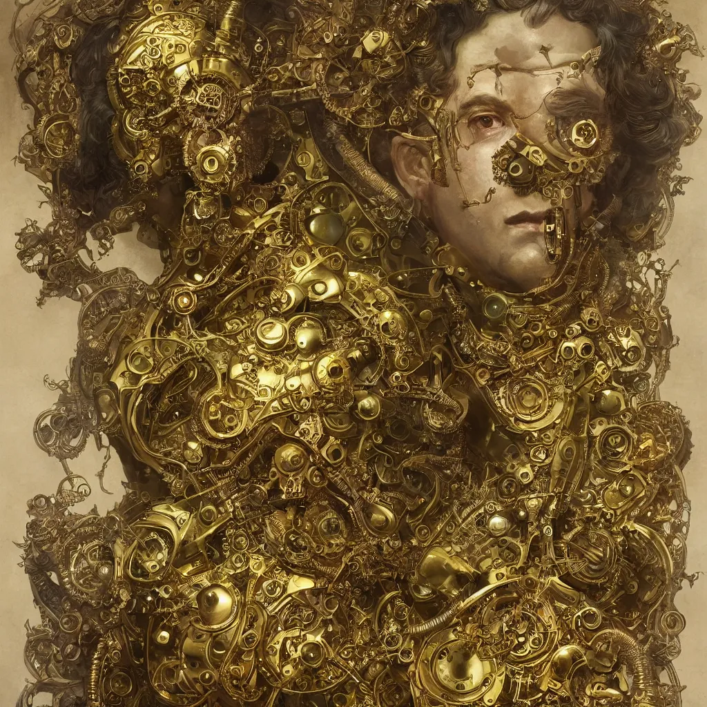 Prompt: ultra realistic illustration, victorian man made of mechanical gold and brass parts, with a green cloak, ornate, engraved, intricate, elegant, highly detailed, artstation, concept art, marmoset toolbag, unreal engine, sharp focus, art by michael kutsche, peter mohrbacher, alphonse mucha, artgerm and greg rutkowski