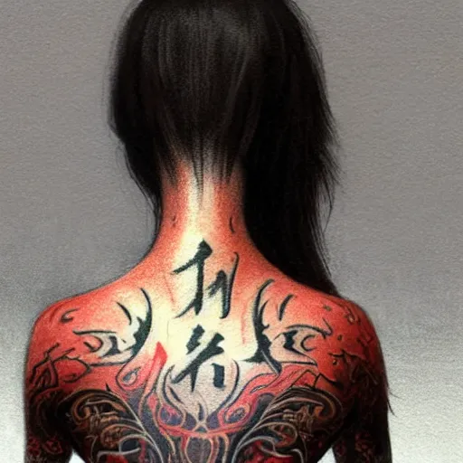 Image similar to An Asian woman with a full-body tattoo of the Dark Arts with her back turned to the camera highly detailed, fullbody, artstation, dark fantasy, horror, Silent Hill game, concept art, smooth, sharp focus, illustration, art by greg rutkowski and orientalism and bouguereau and Zdzislaw Beksinski, good clear quality, lighting, biology, symmetrical artwork, perfect face, 135 mm, cinematic, hyper realism, high detail, octane render, 8k, chrome accents