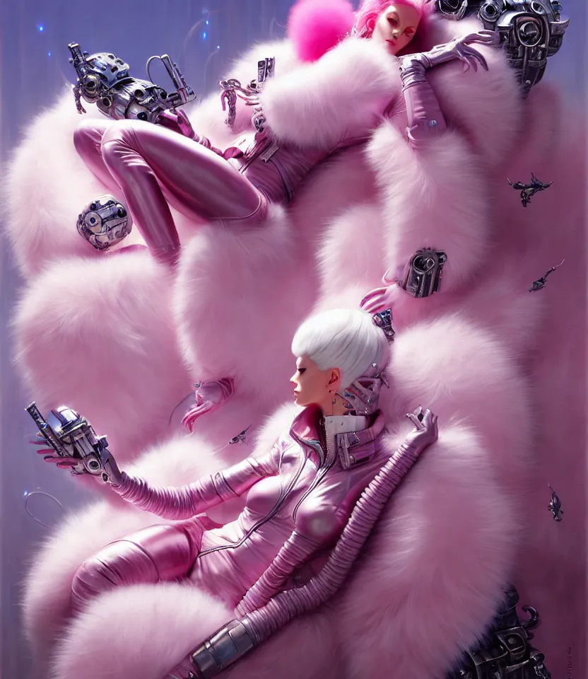 Image similar to beautiful fantasy character portrait, wearing pink puffy bomber jacket with white fur, seductive reclining pose, futuristic chrome drones, ultra realistic, dramatic lighting, robots, the fifth element artifacts, highly detailed by peter mohrbacher, hajime sorayama, wayne barlowe, boris vallejo, aaron horkey, gaston bussiere, craig mullins