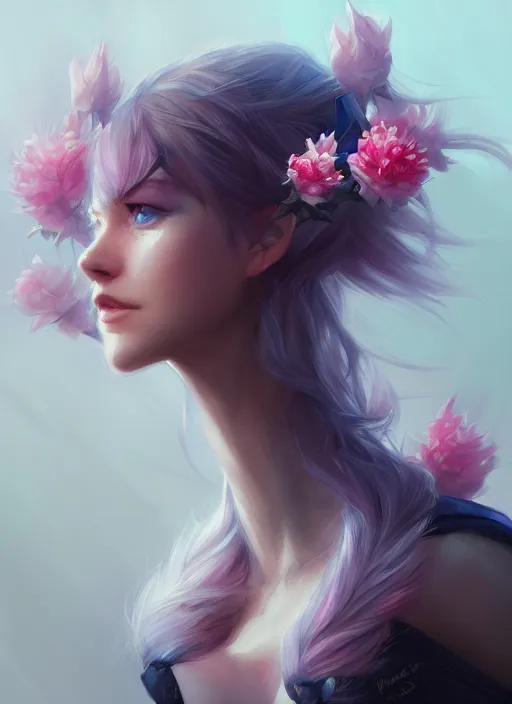 Image similar to female wyvern, wide angle view, flowers, blue black pink, gold, diamonds, highly detailed, artgerm, cushart krenz, artstation, soft light, sharp focus, illustration, character design, concept art