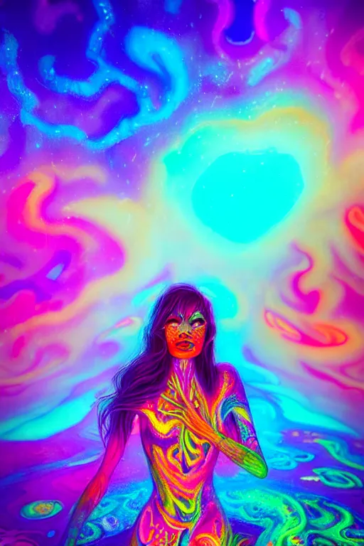 Prompt: a beautiful girl engulfed in colorful liquid smoke and neon clouds, a colorful psychedelic experience, psilocybin, dmt, lsd, face, highly detailed, artstation, concept art, sharp focus, by hana yata, and artem demura and beeple, lisa frank, shannon maer, octane render, unreal engine, 8 k