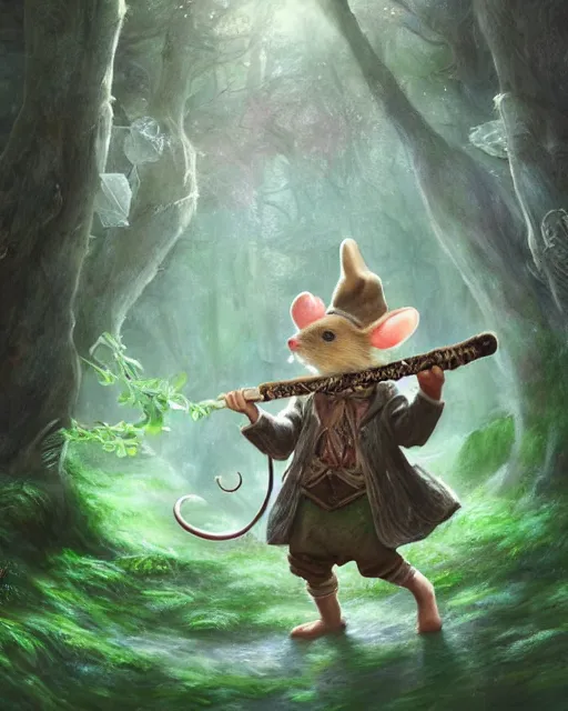 Prompt: Mouse playing Flute in magical forest, portrait, wearing hat, magical notes, fairy atmosphere, magic the gathering artwork, D&D, fantasy, cinematic lighting, centered, symmetrical, highly detailed, digital painting, artstation, concept art, smooth, sharp focus, illustration, volumetric lighting, epic Composition, 8k, art by Akihiko Yoshida and Greg Rutkowski and Craig Mullins, oil painting, cgsociety
