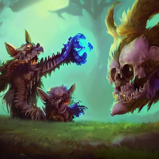 Prompt: cute fluffy animal skeleton creatures. hearthstone animal creatures, graveyard background, bright art masterpiece artstation. 8k, sharp high quality artwork in style of Jose Daniel Cabrera Pena and Greg Rutkowski, violet theme, concept art by Tooth Wu, hearthstone card game artwork