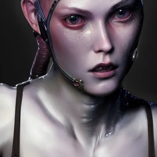 Image similar to space girl, 8 k uhd, unreal engine, reflected chrome, octane render in the artstyle of greg rutkowski tom bagshaw, unreal engine 5, highly detailed face, true anatomy!, extremely detailed!, fishnets, dystopian, details visible, octane render