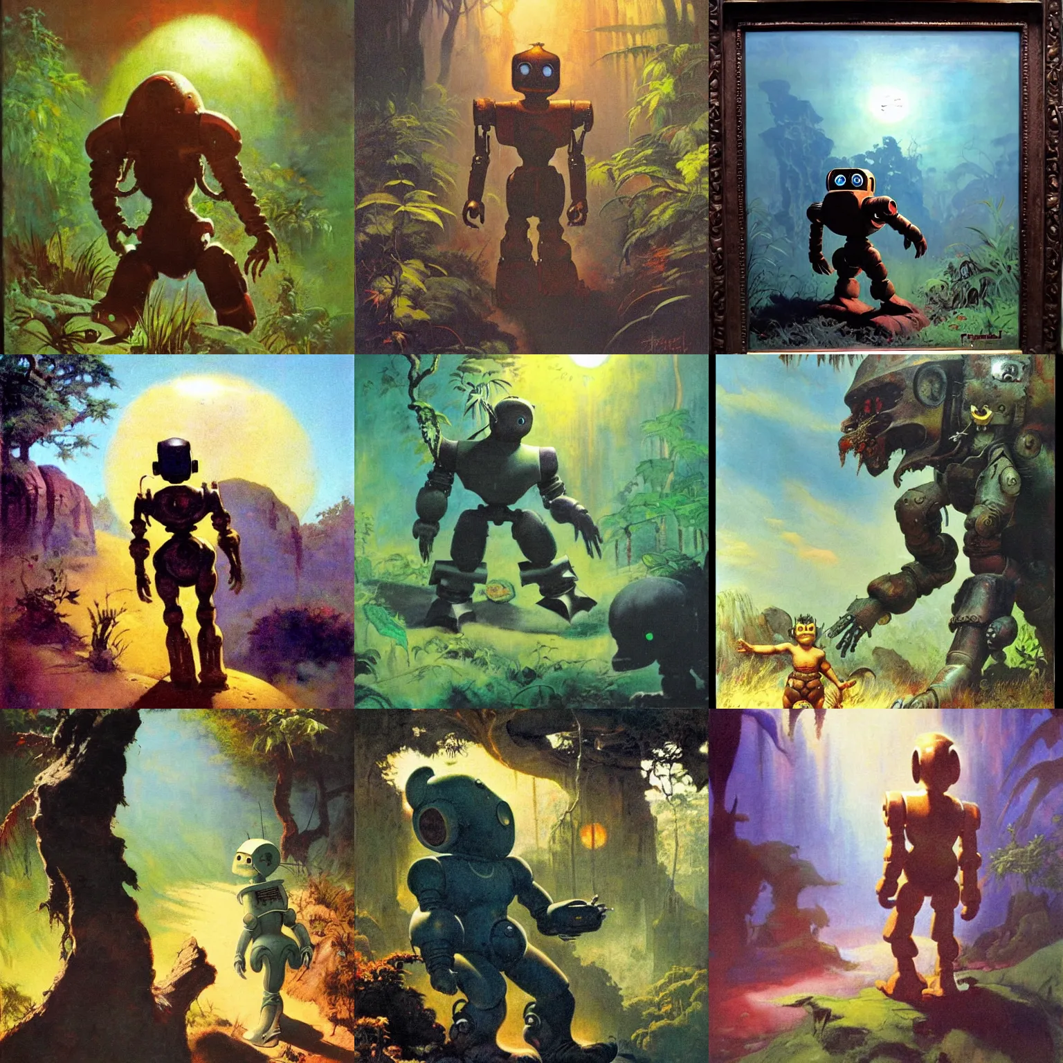 Prompt: frazetta painting of child robot wandering in mystic jungle towards the sun, backlight