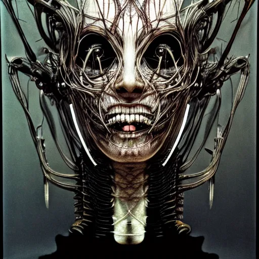 Image similar to portrait of neural nightmares by yoshitaka amano and HR Giger, detailed face face face face, facial structure, hd, 8k, very very very very electronic, biomechanical, biology, bio, neural machine, single subject, terror