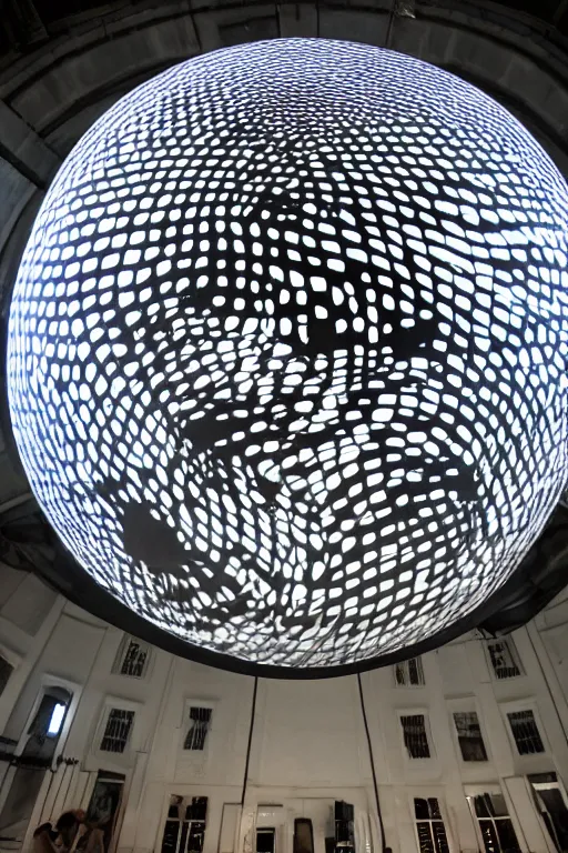 Image similar to public art installation about space and time. projected on big suspended sphere inside big and dark venue