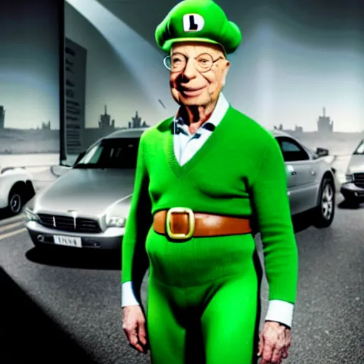 Image similar to uhd candid photo of hyperdetailed klaus schwab dressed as luigi. correct face, cinematic lighting, photo by annie leibowitz, and steve mccurry.