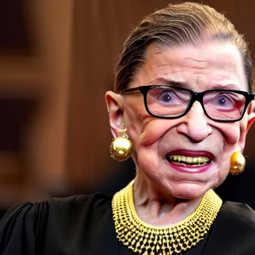 Image similar to Ruth Bader Ginsburg as a gangsta rapper wearing gold chains and grinning to show off her grills