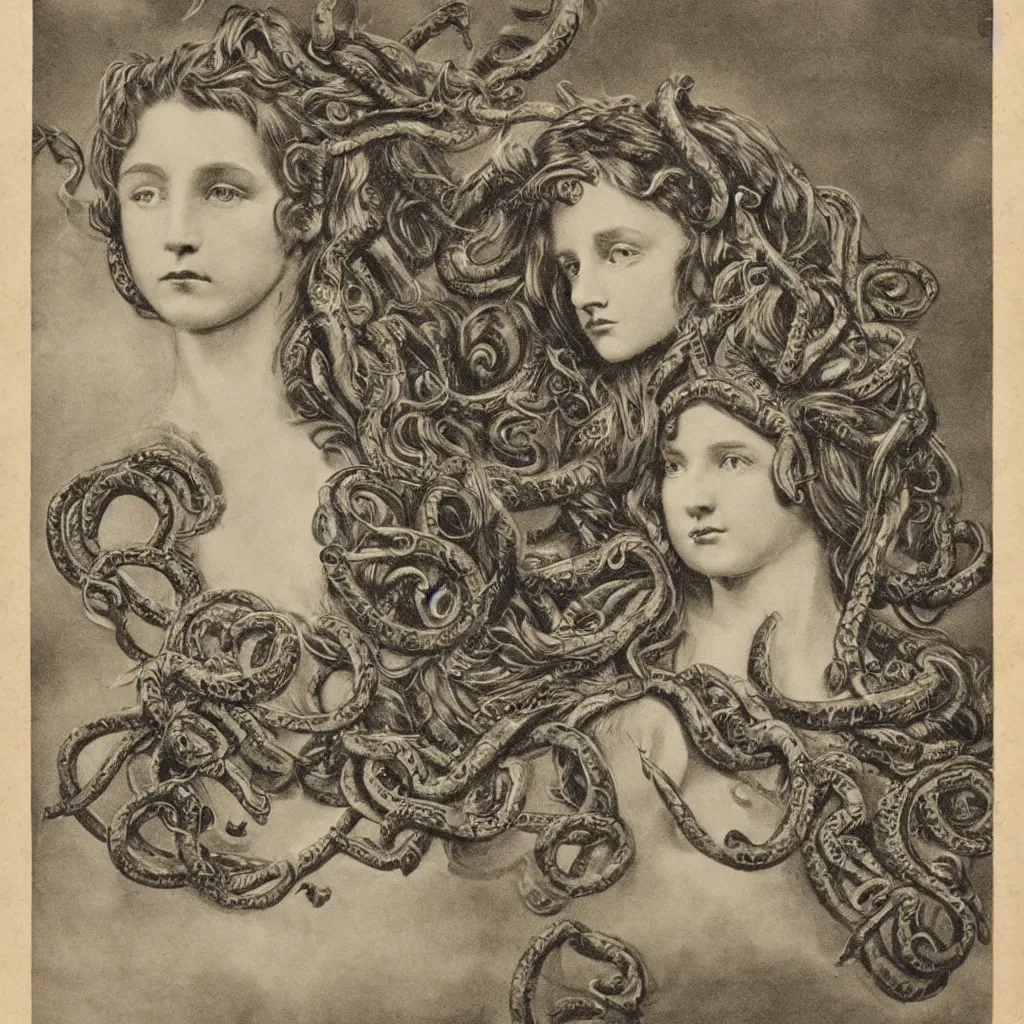 Image similar to a victorian age realistic photo of a girl like Medusa with intricate ornament snakes like hair, dagherrotype, wallpaper, hyper realistic, hyper detailed