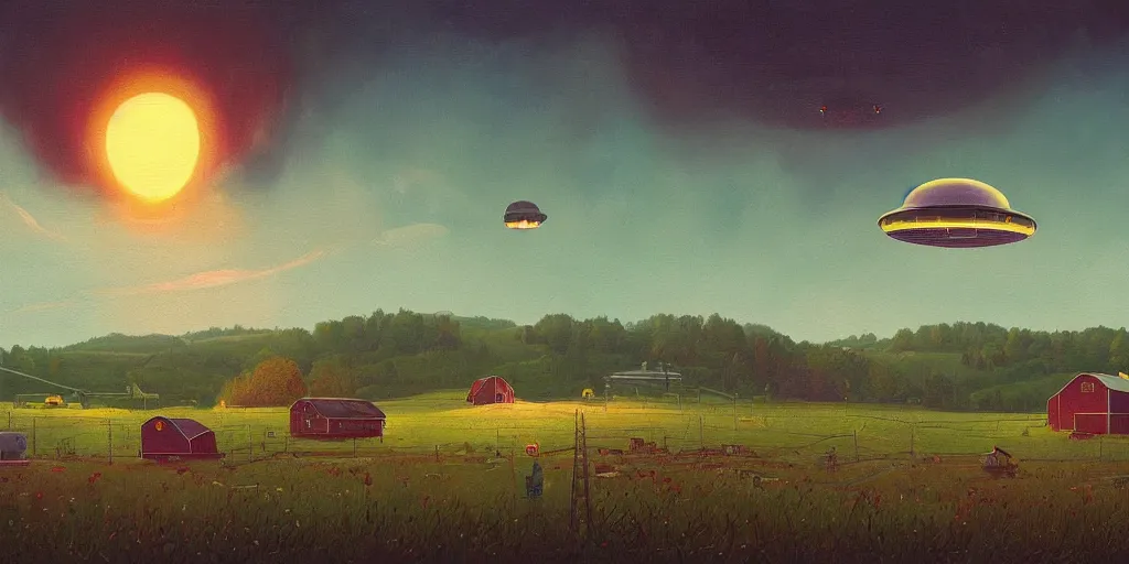 Prompt: ufo over a farm in rural america by simon stalenhag, painting, art station trending