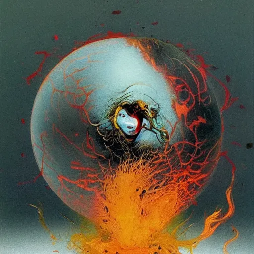 Image similar to a sphere being devoured by abstract splatters of paint in the style of francis bacon, venus being engulfed in flames in the style of james jean, surreal, beksinski, high detailed