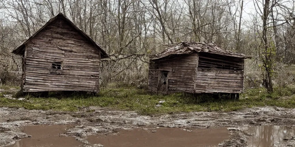 Image similar to abandoned very detailed wooden house, spring, mud, near river, very detailed