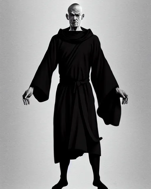 Image similar to standing man monk in black hooded robe White-hair, muscular elegant. Perfect face, fine details. by Ilya Kuvshinov artgerm, rutkowski