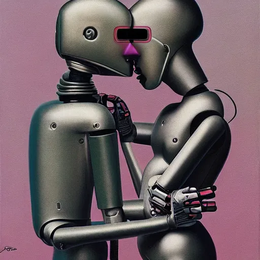 Image similar to portrait of an two robots kissing each other wearing astro helmet with tight black latex dress tight suit by Andy warhol, Edward Hopper and James Gilleard, Zdzislaw Beksinski, Mark Ryden, Wolfgang Lettl highly detailed