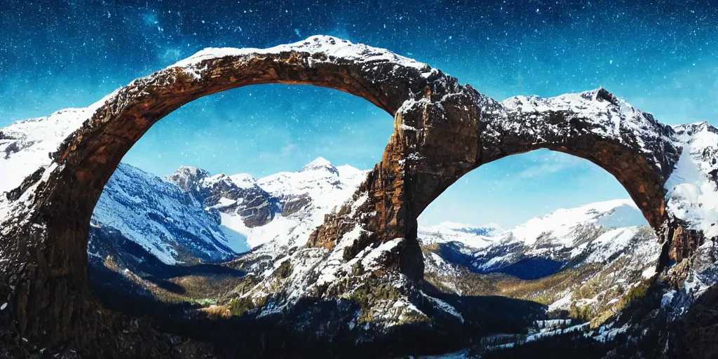 Image similar to Galaxy arch bridge, the foreground is snowy mountains and lakes, in the style of National Geographic magazine