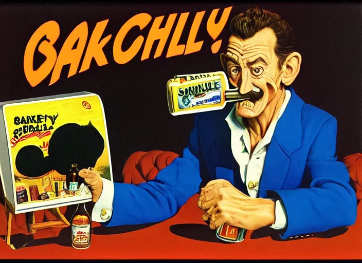 Image similar to barry chuckle drinking a bottle of snake oil, snake oil advertisement from 1 9 8 8, artwork by richard corben and rene magritte, 3 d, high resolution 8 k