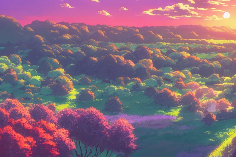 Image similar to anime screenshot wide-shot landscape with river and meadow hill, forest on the horizont, beautiful ambiance, golden hour, studio ghibli style, by hayao miyazaki, tom moor, sharp focus, highly detailed,