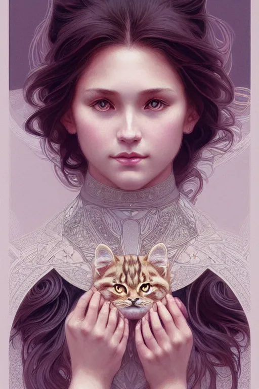 Image similar to symmetry!! girl with siberian cat!!, intricate, elegant, highly detailed, digital painting, artstation, concept art, smooth, sharp focus, illustration, art by artgerm and greg rutkowski and alphonse mucha, 8 k