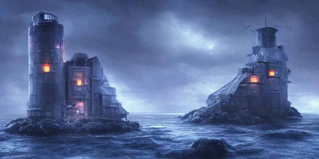 Image similar to a futuristic fortress tower in the middle of the rainy ocean, highly realistic concept art, blue cold atmosphere, but there is a read light glowing under the fortress, perfectly symmetric composition, great lighting, chiaroscuro, phorohraphy, cinematography, high quality, on trending, beautiful, 4 k
