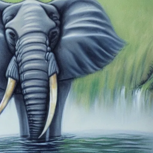 Prompt: an elephant dreaming of a waterfall at dusk