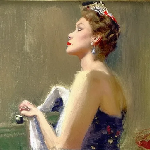 Image similar to Taylor Swift kissing her reflection, 1950s, modest, elegant clothing, tiara, mild impressionism, award winning, by Ilya Repin