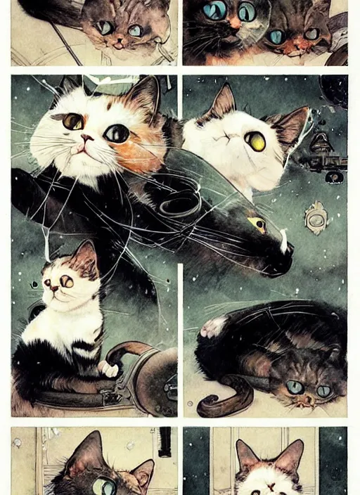 Image similar to a hyper realistic ink cat in a spaaceship 6 panel comic by chiara bautista and norman rockwell and greg rutkowski weta studio, and lucasfilm