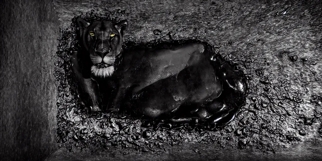 Image similar to a black lioness made of tar, bathing inside the bathtub full of tar, laying on their back, dripping ferrofluid, drooling ferrofluid. dslr, photography, realism, animal photography, modern bathroom, photorealistic, v - ray, goo, tar