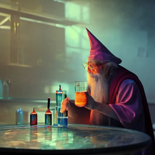 Prompt: an old wizard who is mixing bottles of colored liquids in laboratory, photorealistic, cinematic lighting, highly detailed