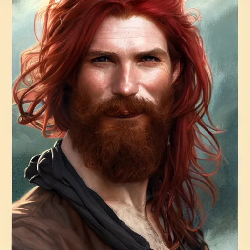 Prompt: portrait of a young ruggedly handsome but joyful pirate, male, masculine, upper body, red crimson hair, long flowing hair, fantasy, cheeky smirk, intricate, elegant, highly detailed, digital painting, artstation, concept art, matte, sharp focus, illustration, art by artgerm and greg rutkowski and alphonse mucha