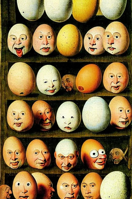 Image similar to egg heads with round humpty dumpty silly facial expressions, realistic, by hieronymus bosch and pieter brueghel