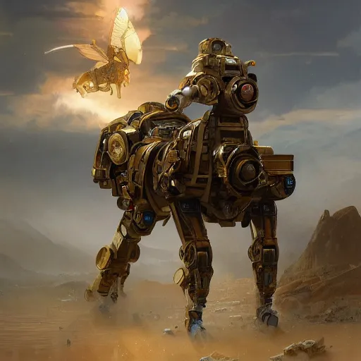 Image similar to epic painting of a realistic four - legged intricate battle robot, rule of thirds, golden ratio, subject in center of frame, trending on artstation, detailed science fiction matte painting by artgerm and greg rutkowski and alphonse mucha,