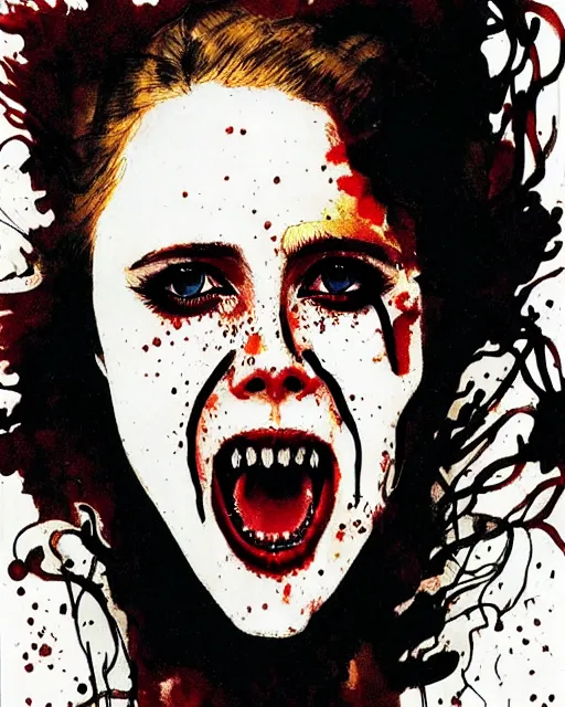 Image similar to style of ralph steadman : : gorgeous vampire amy adams : : sharp teeth fangs, open mouth sneer : : symmetrical face, symmetrical eyes : : gorgeous red hair : : magic lighting, low spacial lighting : :