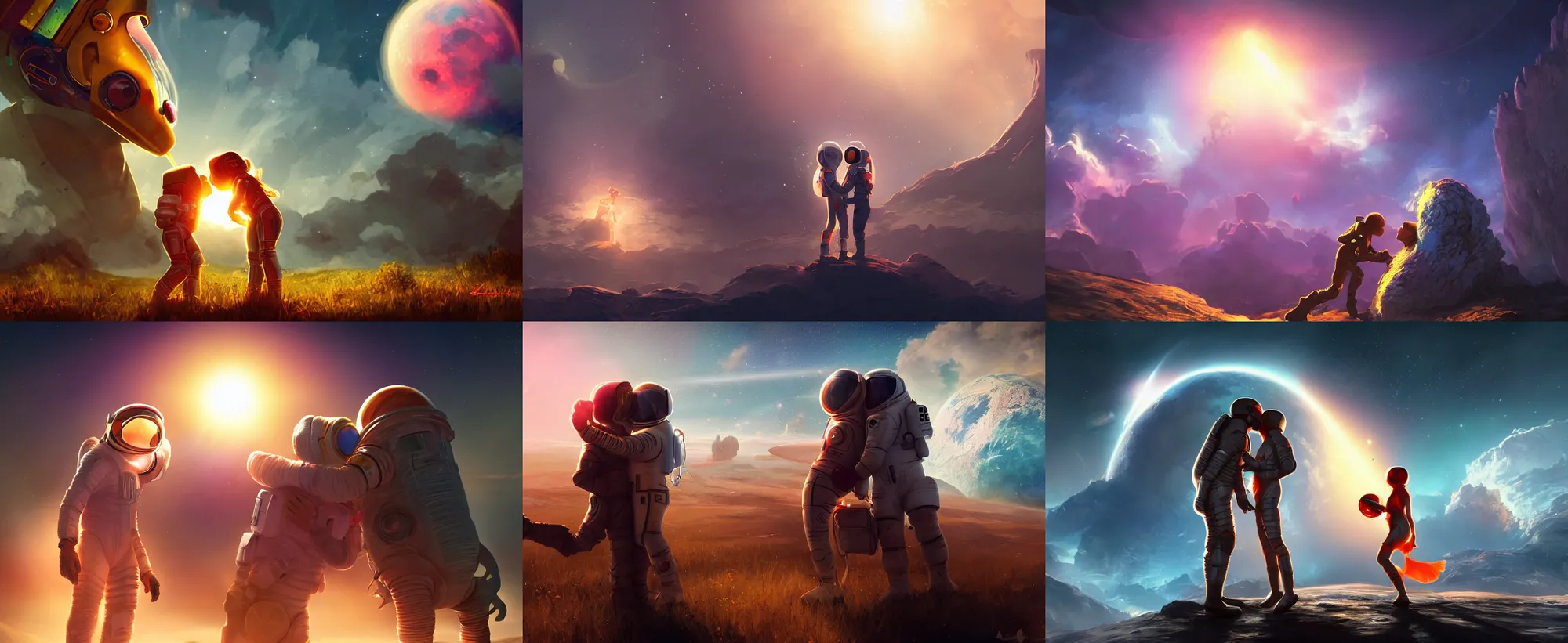 Prompt: spaceman kissing spacegirl in front of earth in the distance, dramatic lighting, digital art game splash screen for zeptolabs, featured on artstation, senior artist at zeptolabs