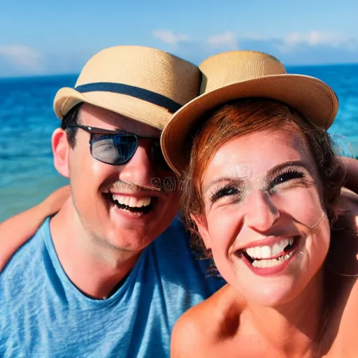 Prompt: couple man and woman, happy, on the beach, correct face, accurate face, sunburn, professional portrait, photo