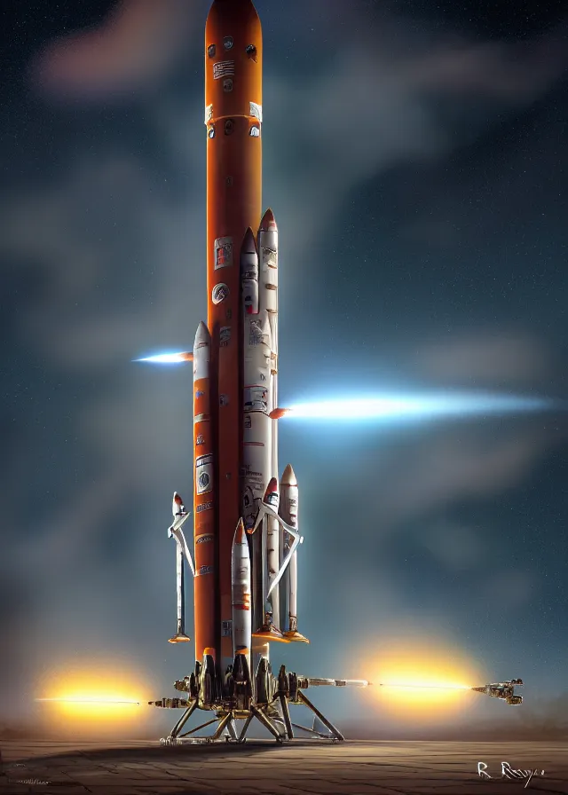 Image similar to epic professional digital art of complex heavy vertical rocket with side boosters, on launch pad, at takeoff, ambient light, painted,, cinematic, detailed, grand, leesha hannigan, wayne haag, reyna rochin, ignacio fernandez rios, mark ryden, van herpen, artstation, cgsociety, epic, stunning, gorgeous, wow wow detail