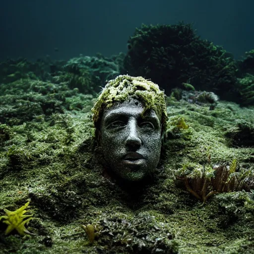 Image similar to Award-winning photograph by Mar Mann. The photo depicts a decaying roman bust of Christiano Ronaldo overgrown with moss at the bottom of the sea in the middle of ruins of civilization. Minimalism, high definition, perfect composition. Deep sea picture. Very dark. Volumetric Lighting. Fish. Darkness. Ruins