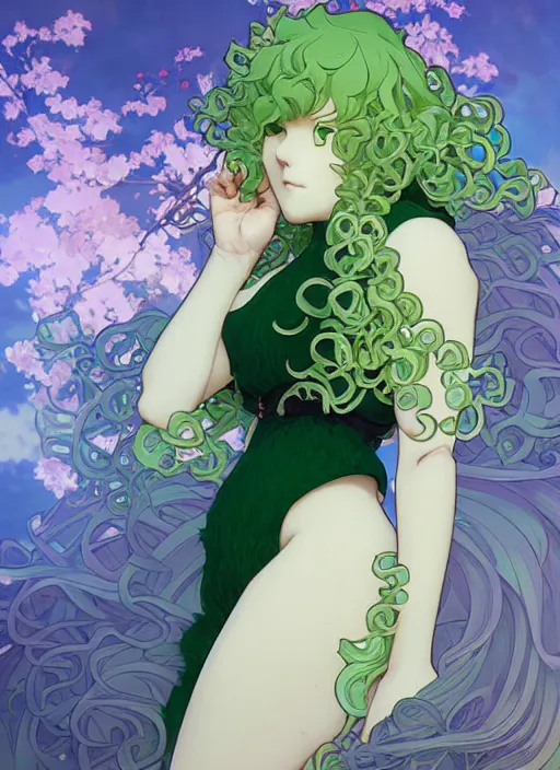 Prompt: detailed portrait art of tatsumaki with green curly hair, art by ross tran ilya kuvshinov krenz cushart, by alphonse mucha, very detailed, intricate, digital anime art, sharp focus