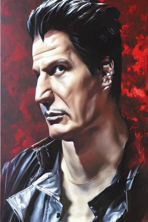 Image similar to expressive exaggerated portait painting of zak bagans by alex ross!!!, phil hale!!!!, visible brush strokes, graphic,'action lines '!!!!, striking, sharp, hd image