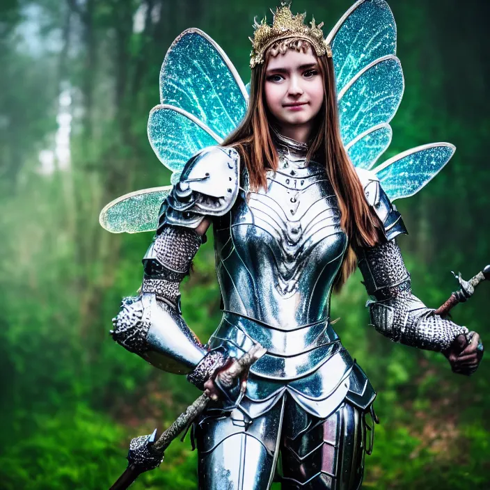 Image similar to full body photo of a fairy warrior wearing sparkly armour, highly detailed, 4 k, hdr, smooth, sharp focus, high resolution, award - winning photo