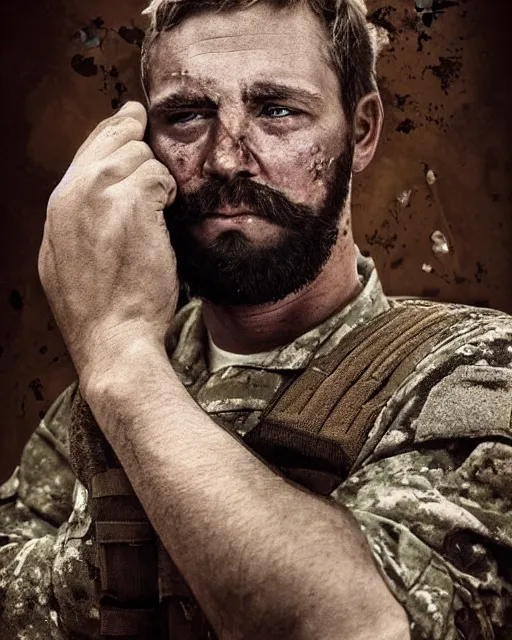 Image similar to portrait of muscular, tired and alcoholic 3 0 - year - old grieving man with short darkblonde hair, serious sad look in his eyes, looking down, dirty beard, blue eyes, crying tears, wearing dirty soldier uniform, on the desert, sad atmosphere, hyper realistic face, character art, art by mark brooks, cryengine, trending on artstation, digital art