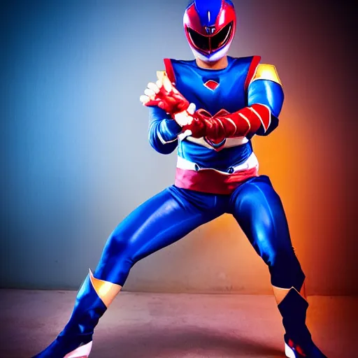 Prompt: Power Ranger, Blue Ranger, local heroes, full body pose, strong handsome, boudoir photography, velvet soft, candlelit, faded background, primary colors,