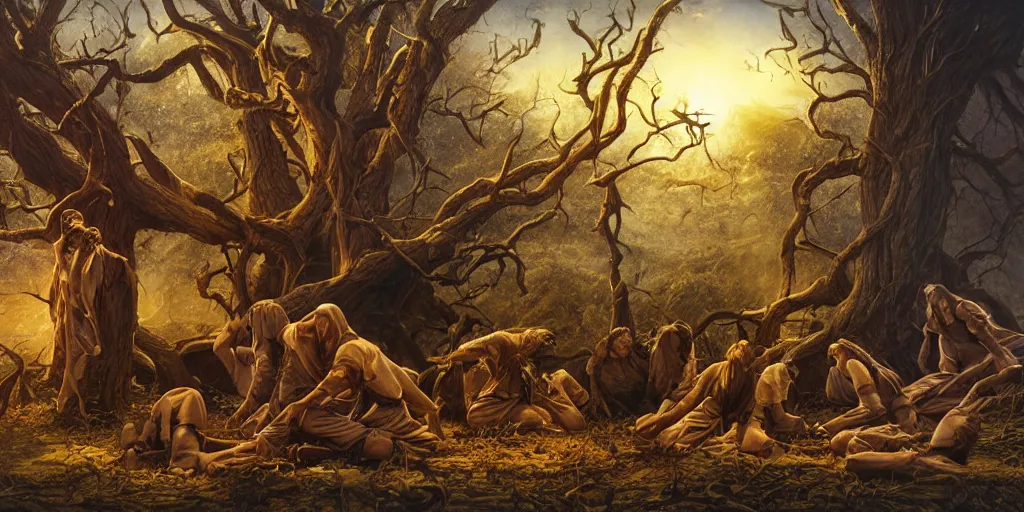 Prompt: messengers mourning for the rotten and slashed tree Michael Whelan by Jeff Easley photorealistic by Edmonia Lewis, cinematic, coherent, realistic faces, clear, detailed, intricate, dramatic lighting, establishing shot, 8k resolution