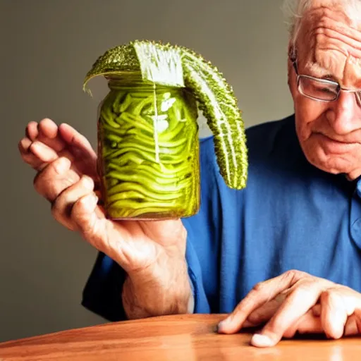 Image similar to an old man is stacking pickles his wife's head, making it look like a tower